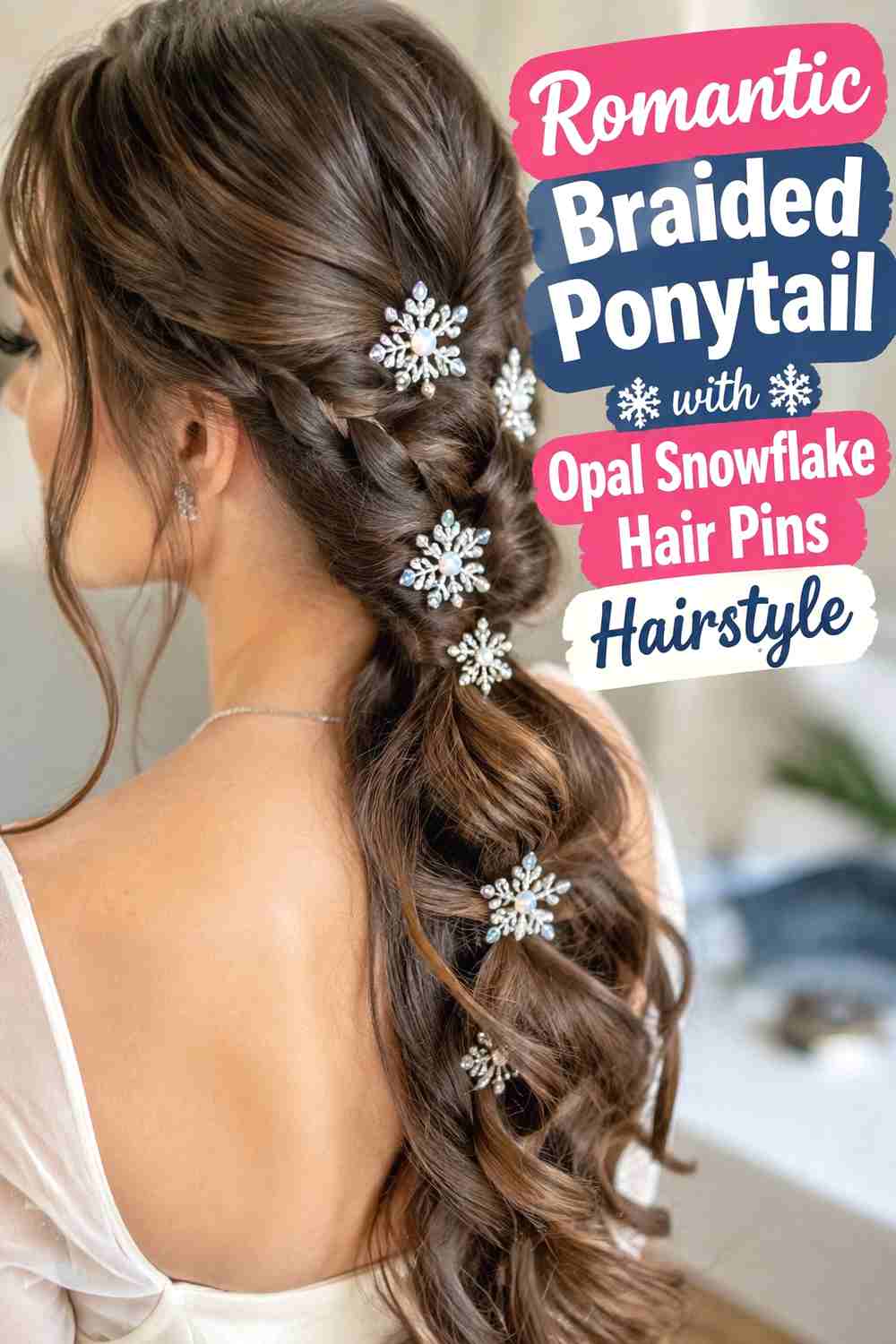 17. Romantic Braided Ponytail With Opal Snowflake Hair Pins Hairstyle