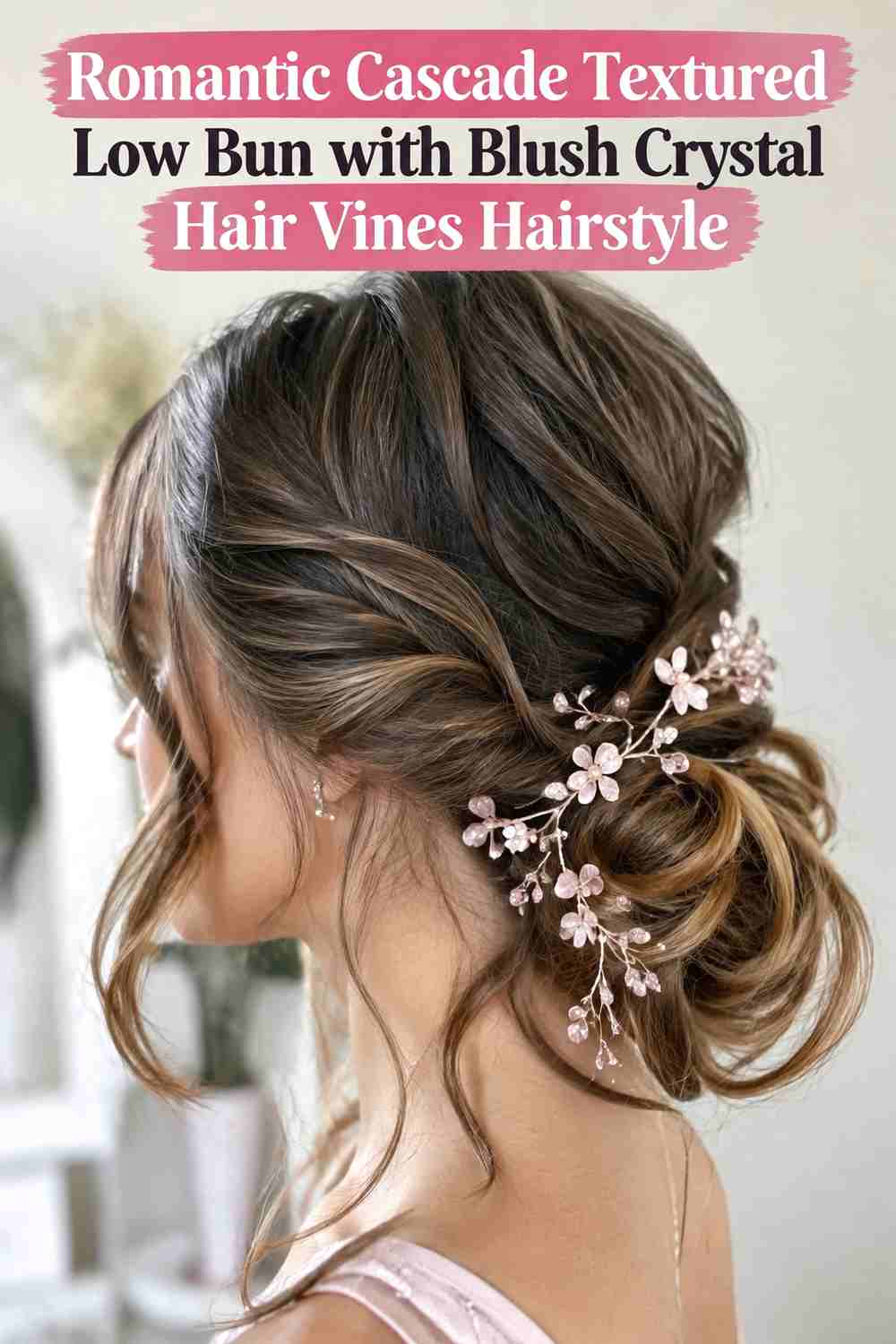 17. Romantic Cascade Textured Low Bun With Blush Crystal Hair Vines Hairstyle
