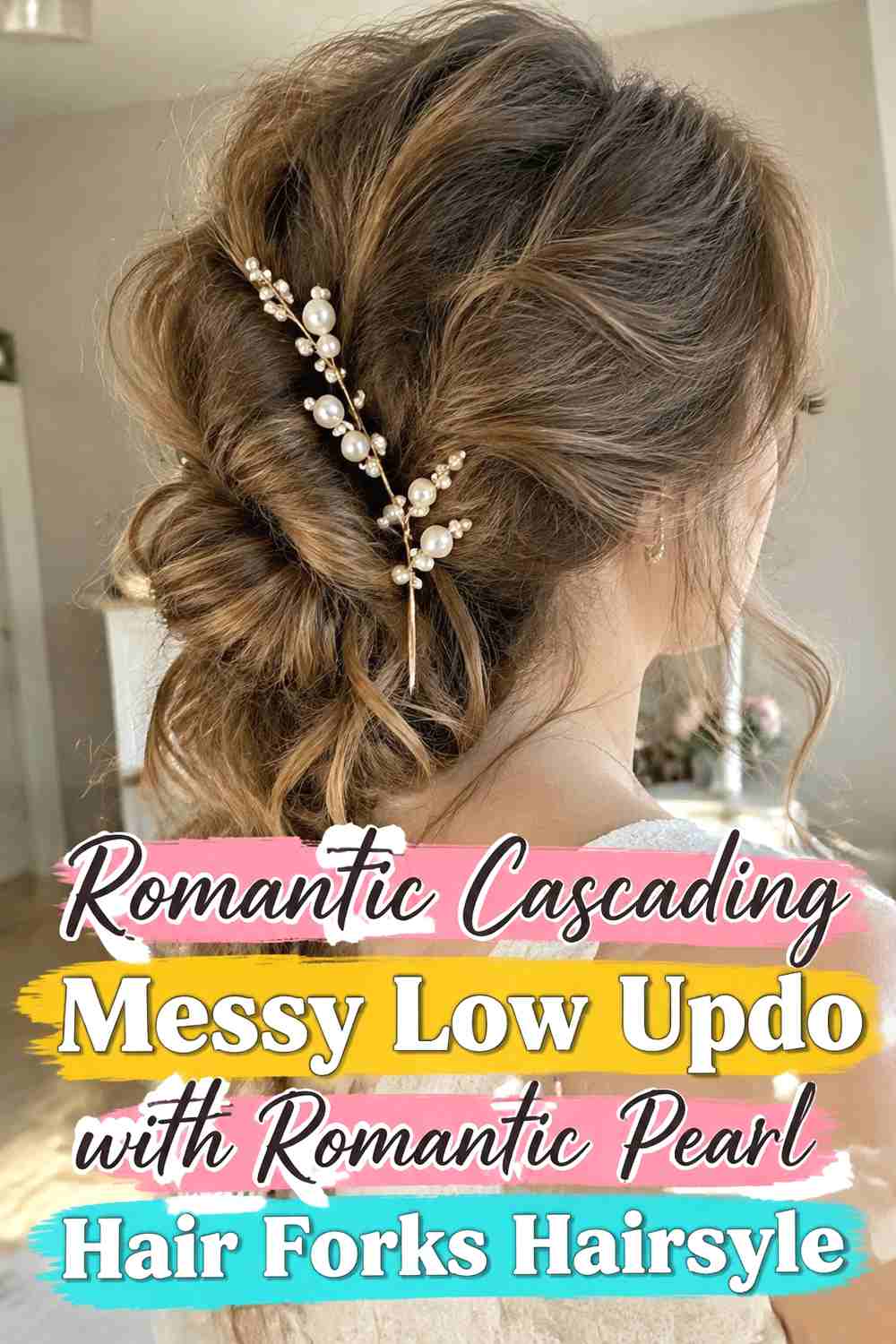 14. Romantic Cascading Messy Low Updo With Romantic Pearl Hair Forks Hairstyle