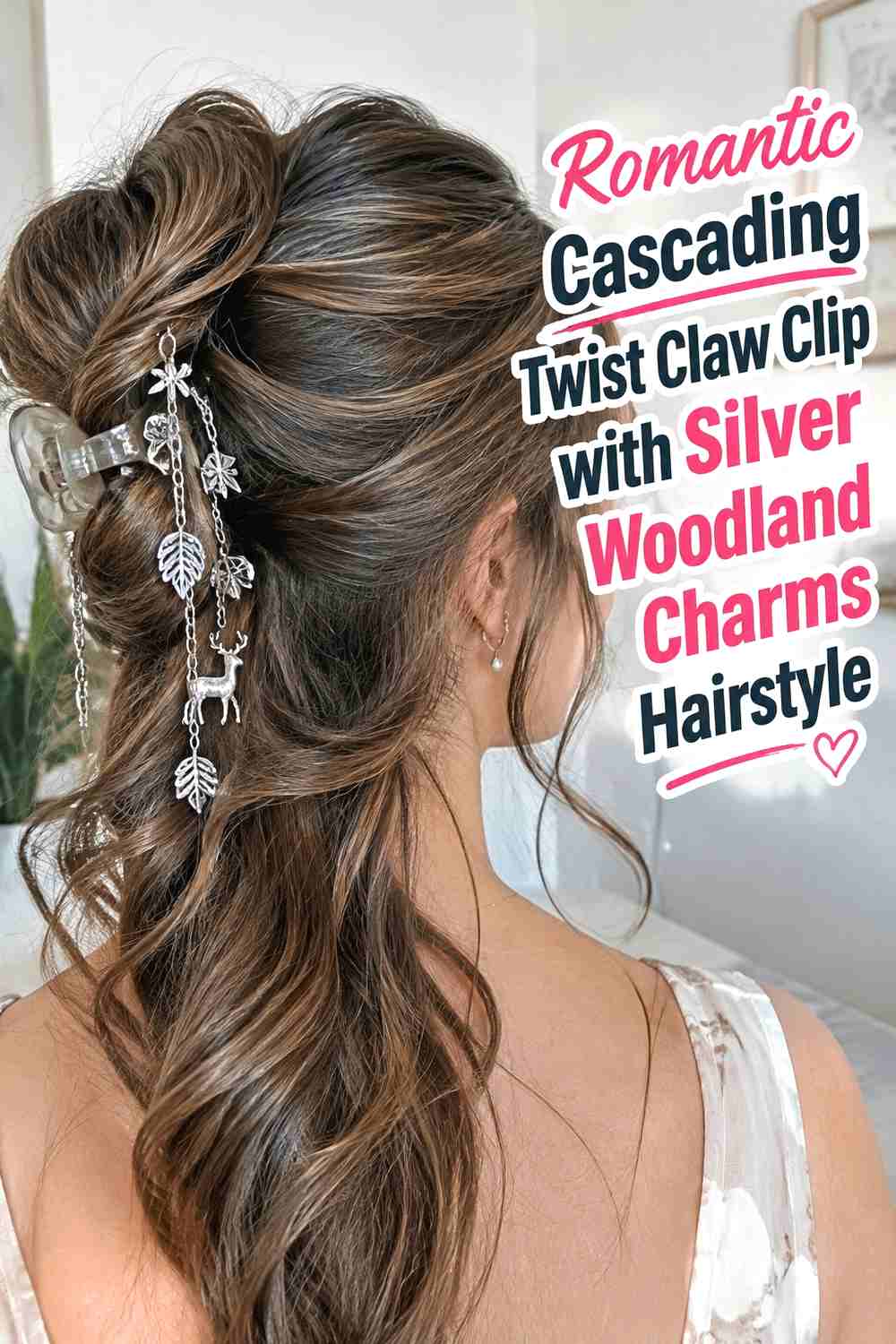 17. Romantic Cascading Twist Claw Clip With Silver Woodland Charms Hairstyle