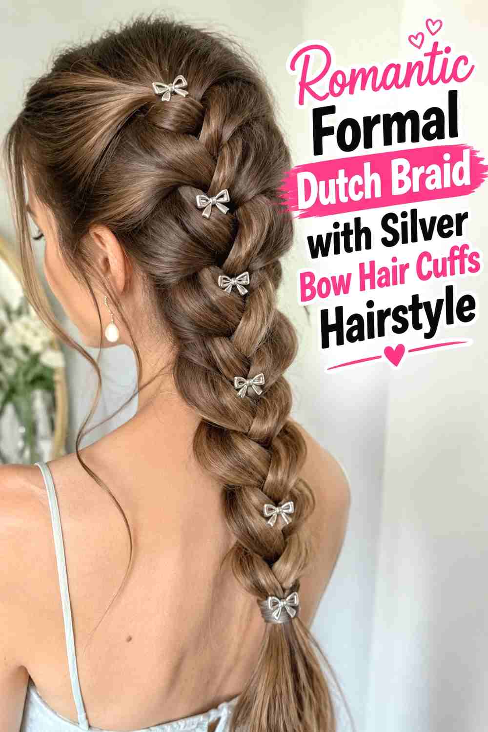 12. Romantic Formal Dutch Braid With Silver Bow Hair Cuffs Hairstyle