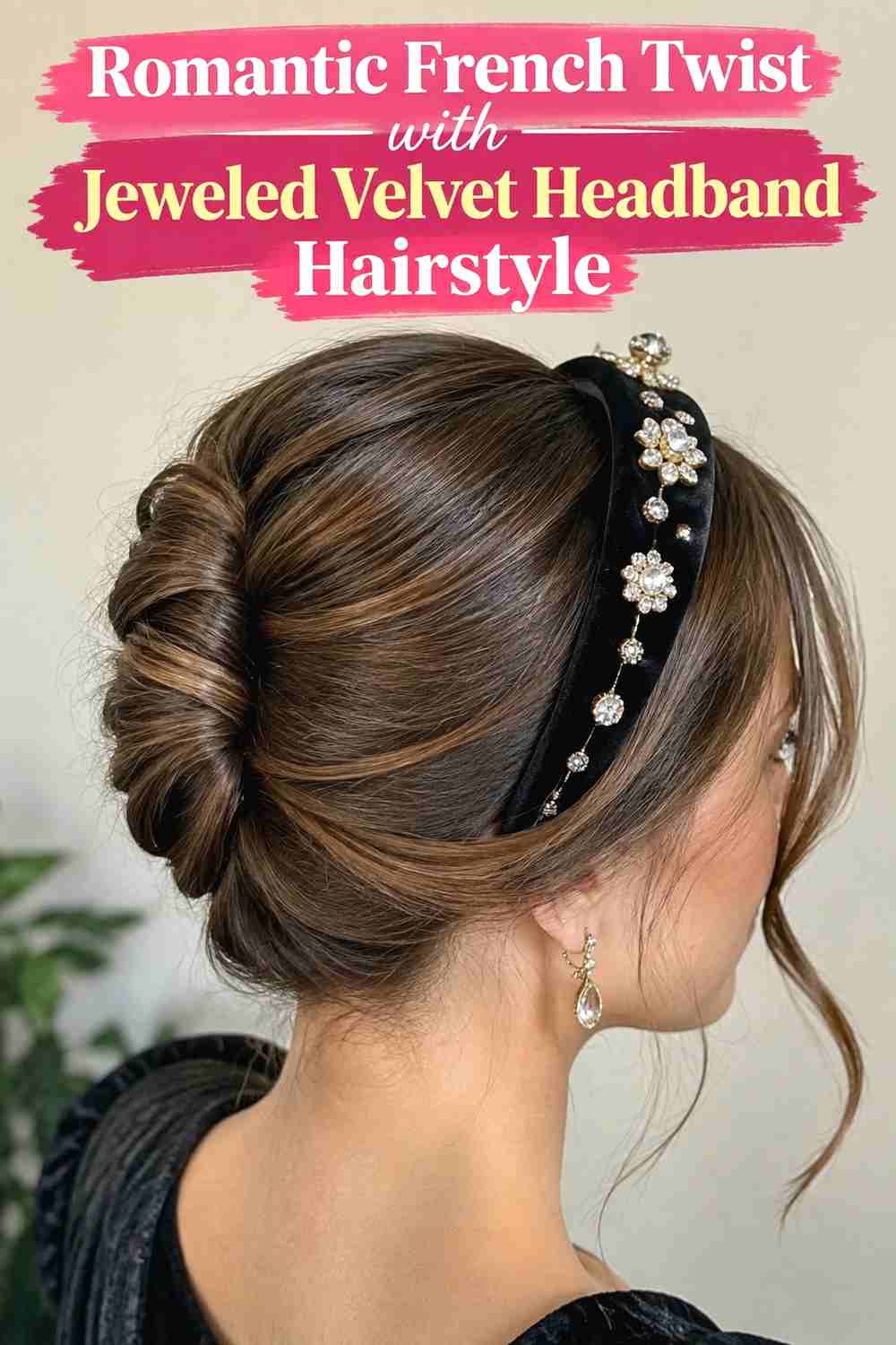 17. Romantic French Twist With Jeweled Velvet Headband Hairstyle