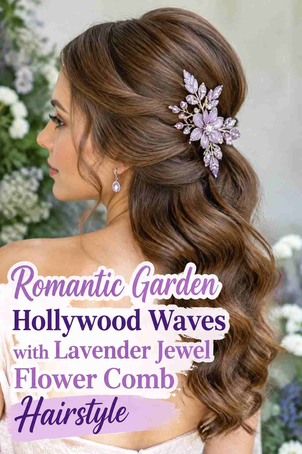 10. Romantic Garden Hollywood Waves With Lavender Jewel Flower Comb Hairstyle