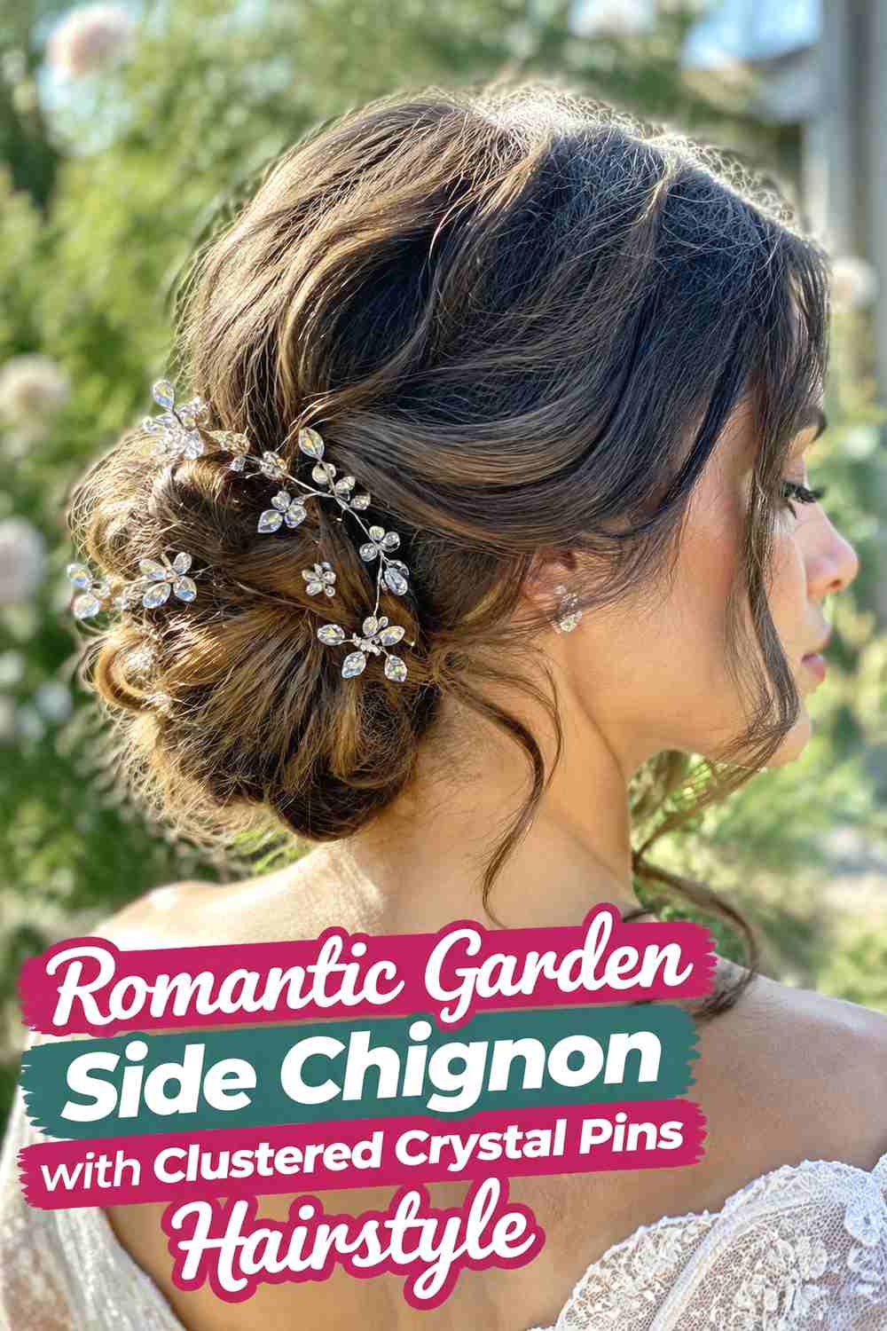 12. Romantic Garden Side Chignon With Clustered Crystal Pins Hairstyle
