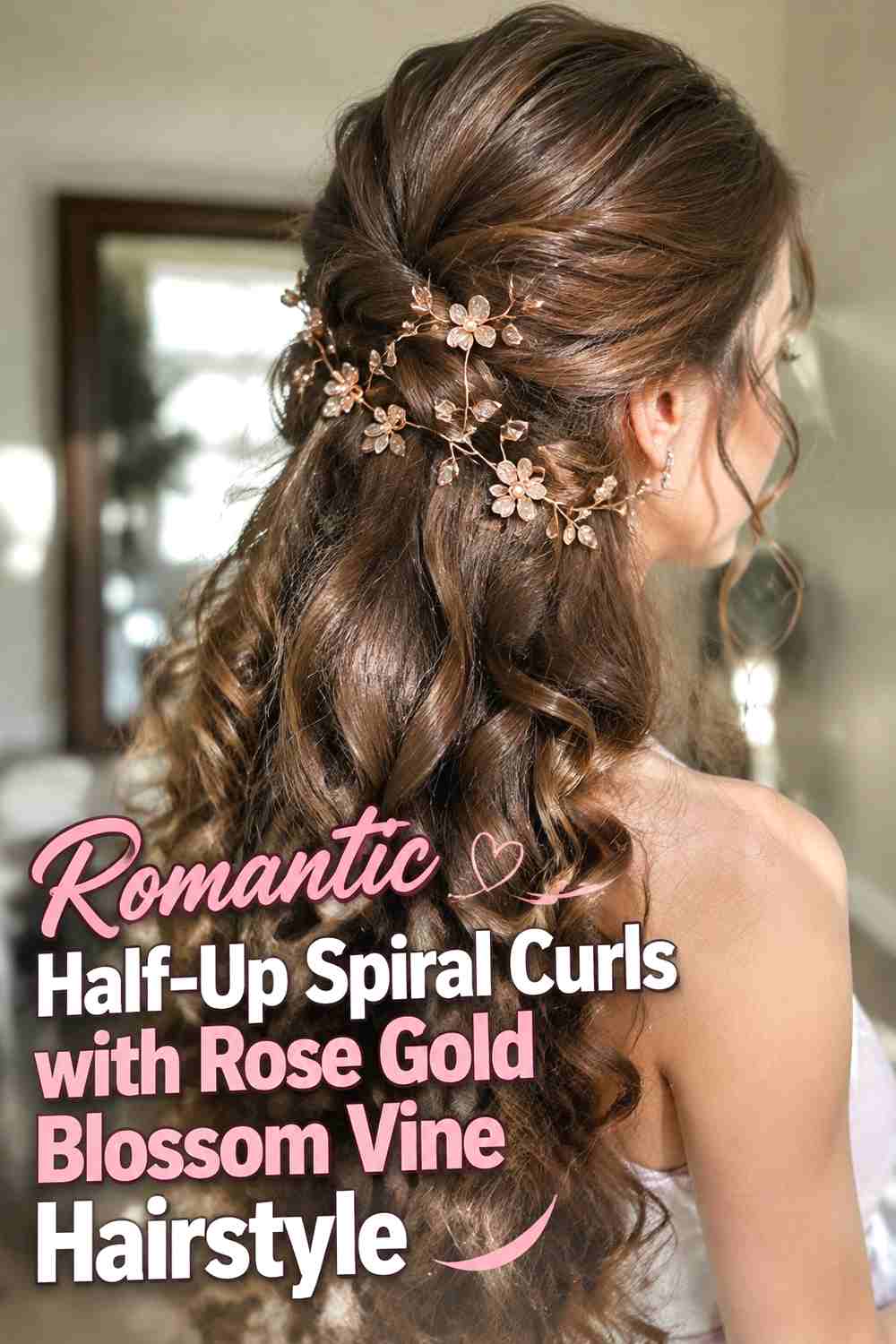 14. Romantic Half Up Spiral Curls With Rose Gold Blossom Vine Hairstyle