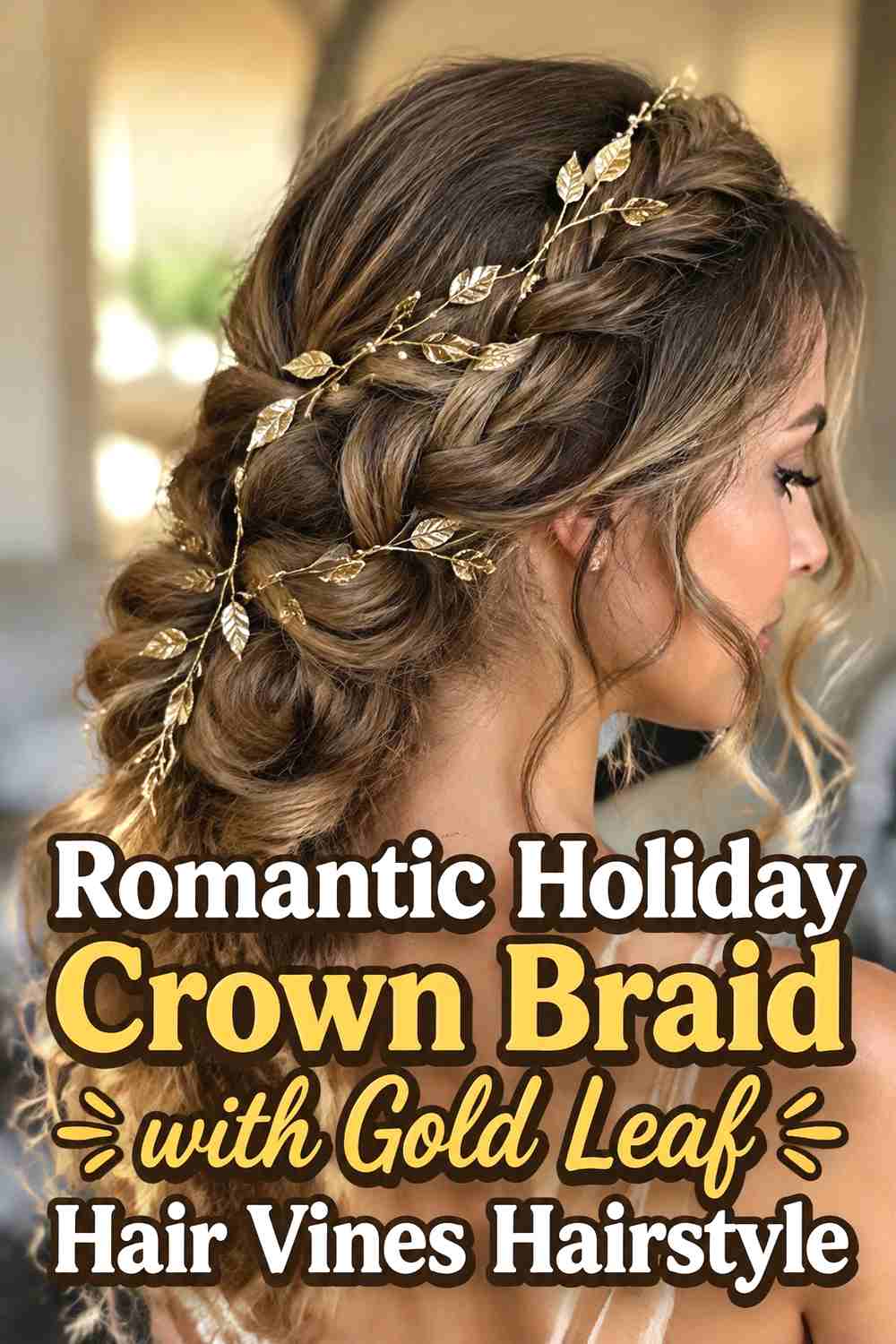 16. Romantic Holiday Crown Braid With Gold Leaf Hair Vines Hairstyle