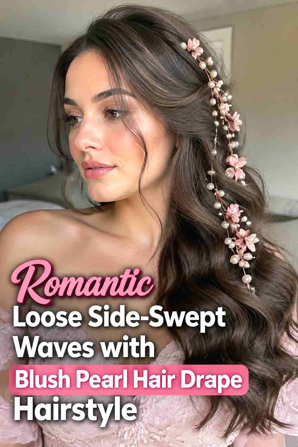 6. Romantic Loose Side Swept Waves With Blush Pearl Hair Drape Hairstyle