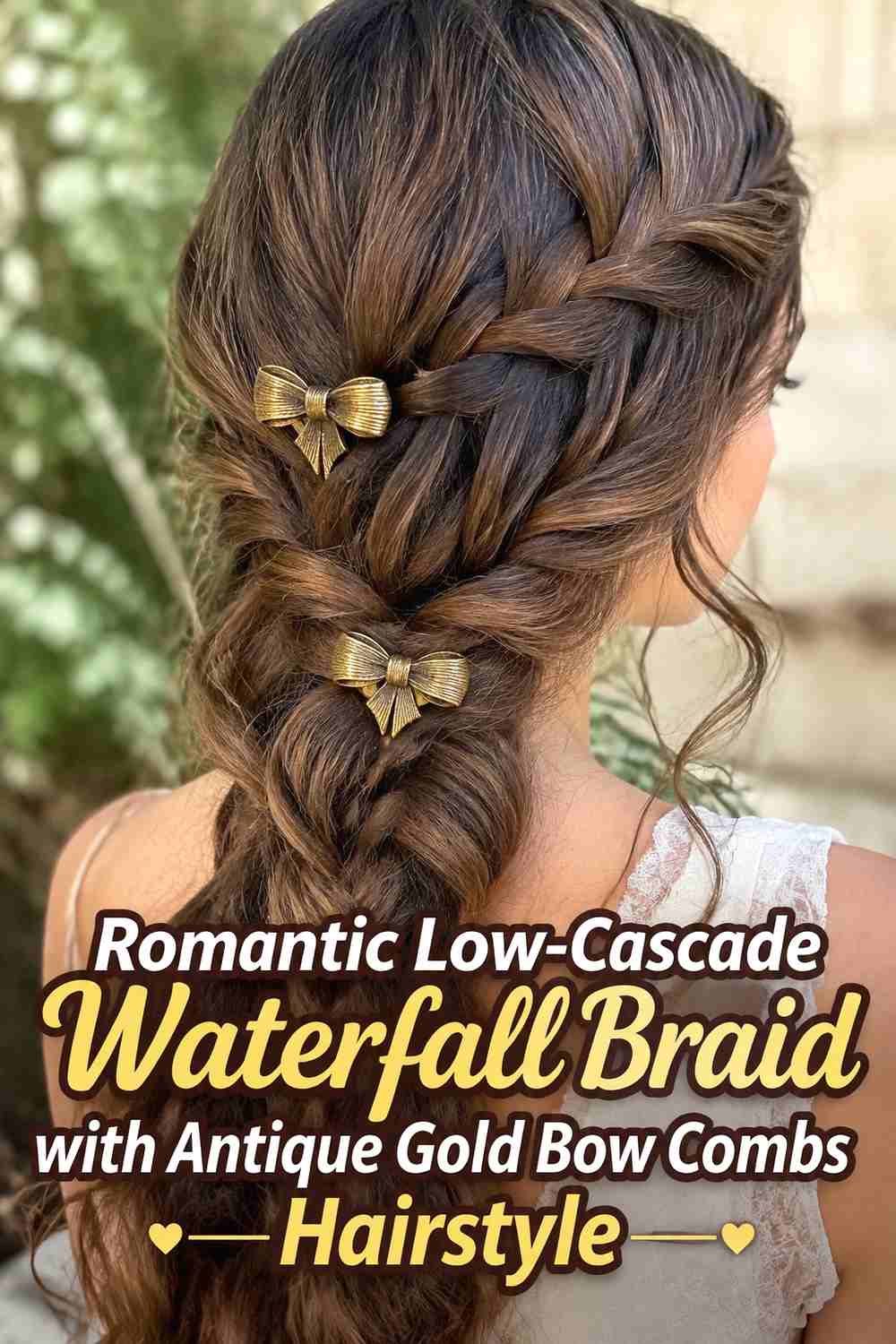 10. Romantic Low Cascade Waterfall Braid With Antique Gold Bow Combs Hairstyle