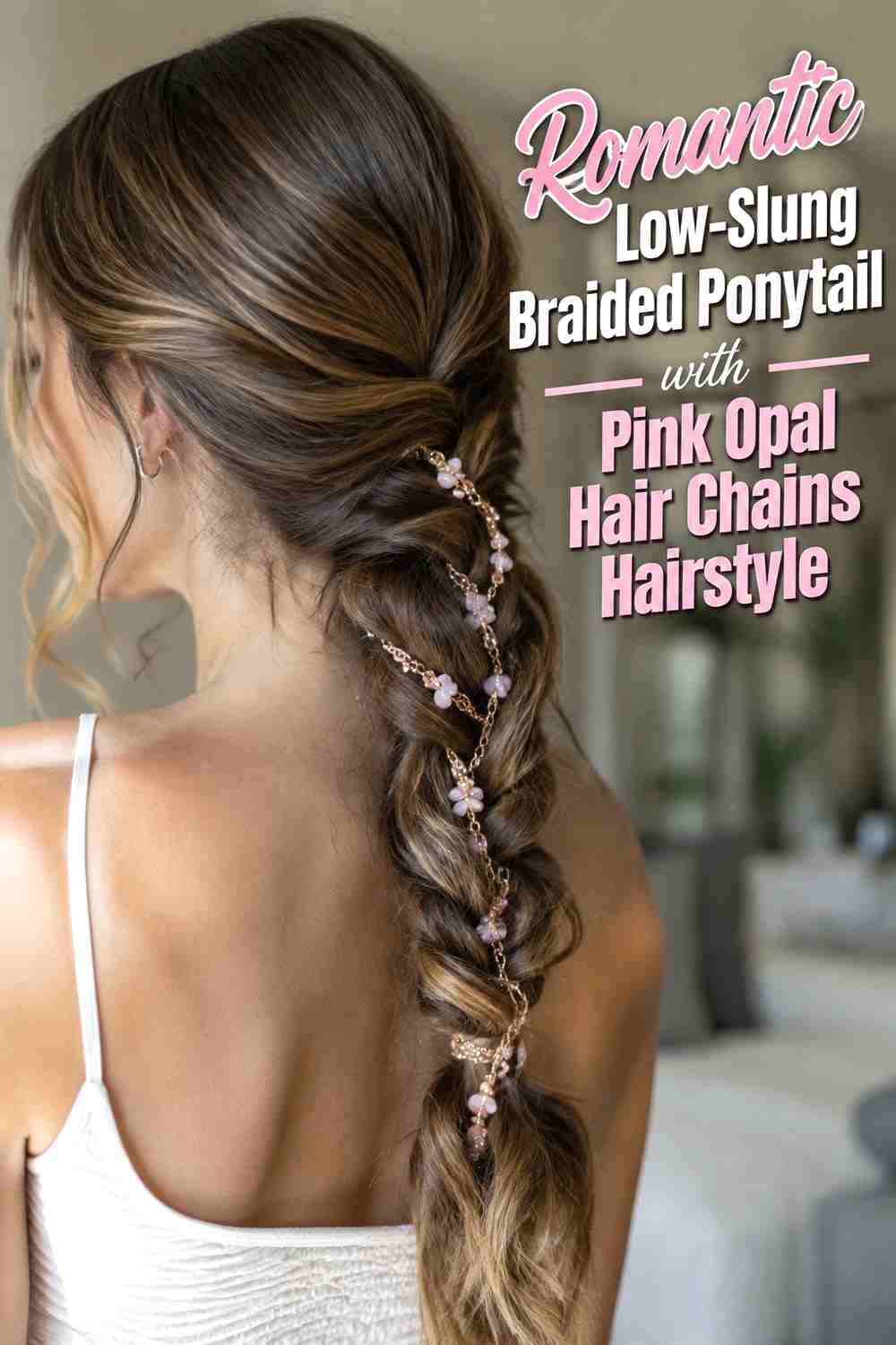 12. Romantic Low Slung Braided Ponytail With Pink Opal Hair Chains Hairstyle