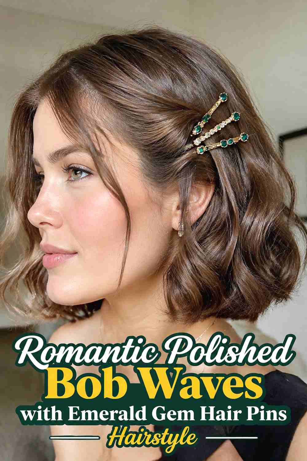 12. Romantic Polished Bob Waves With Emerald Gem Hair Pins Hairstyle