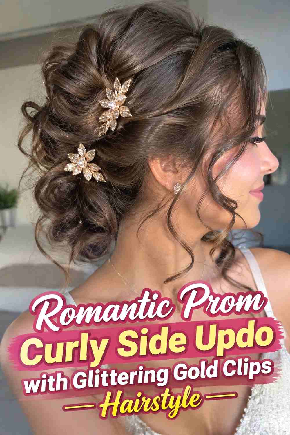 10. Romantic Prom Curly Side Updo With Glittering Gold Clips Hairstyle