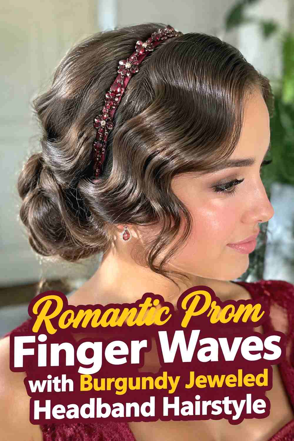 14. Romantic Prom Finger Waves With Burgundy Jeweled Headband Hairstyle