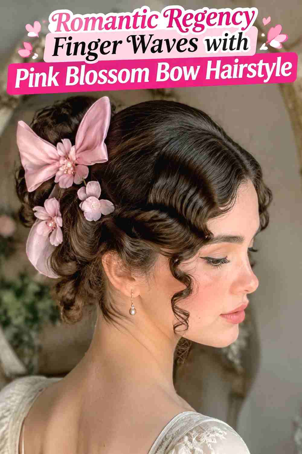 12. Romantic Regency Finger Waves With Pink Blossom Bow Hairstyle