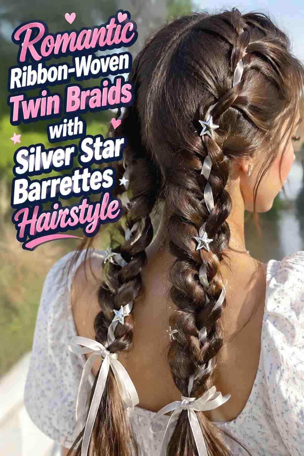 13. Romantic Ribbon Woven Twin Braids With Silver Star Barrettes Hairstyle
