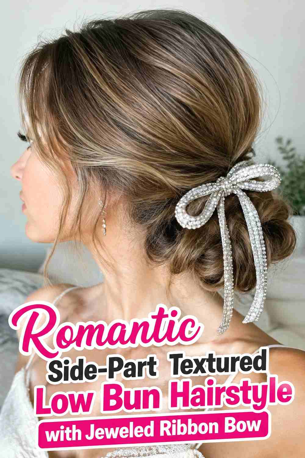 3. Romantic Side Part Textured Low Bun Hairstyle With Jeweled Ribbon Bow