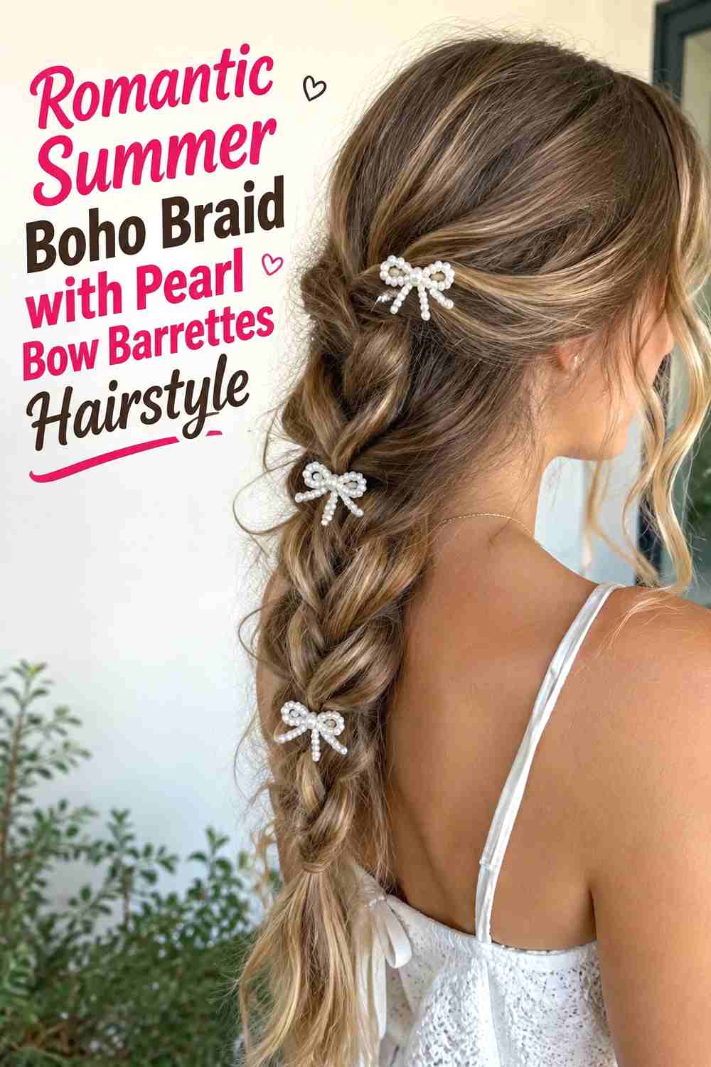 12. Romantic Summer Boho Braid With Pearl Bow Barrettes Hairstyle