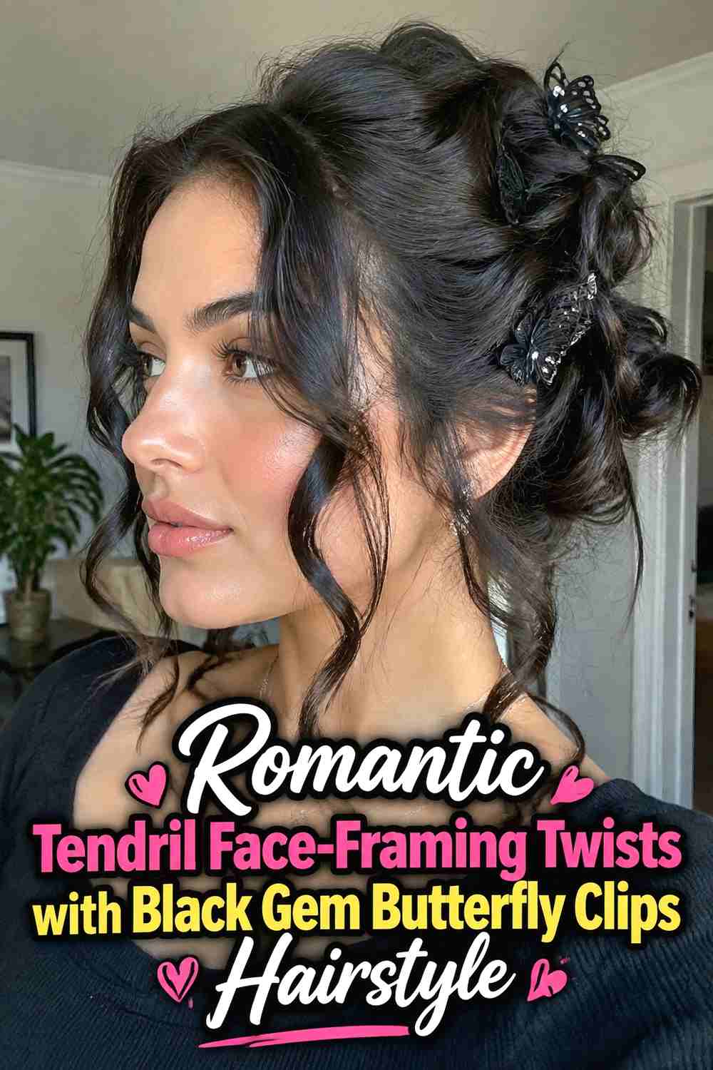 10. Romantic Tendril Face Framing Twists With Black Gem Butterfly Clips Hairstyle
