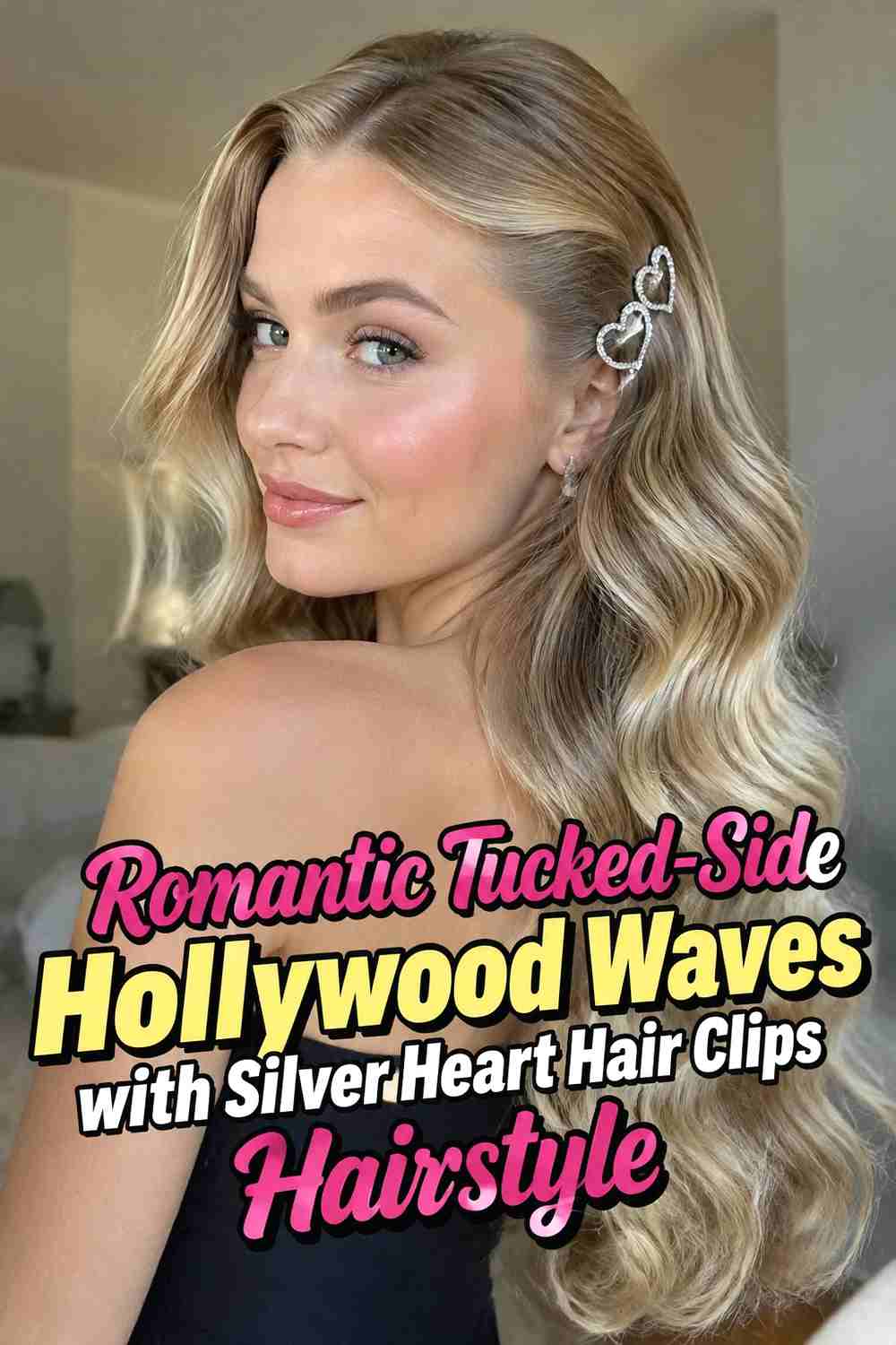 15. Romantic Tucked Side Hollywood Waves With Silver Heart Hair Clips Hairstyle