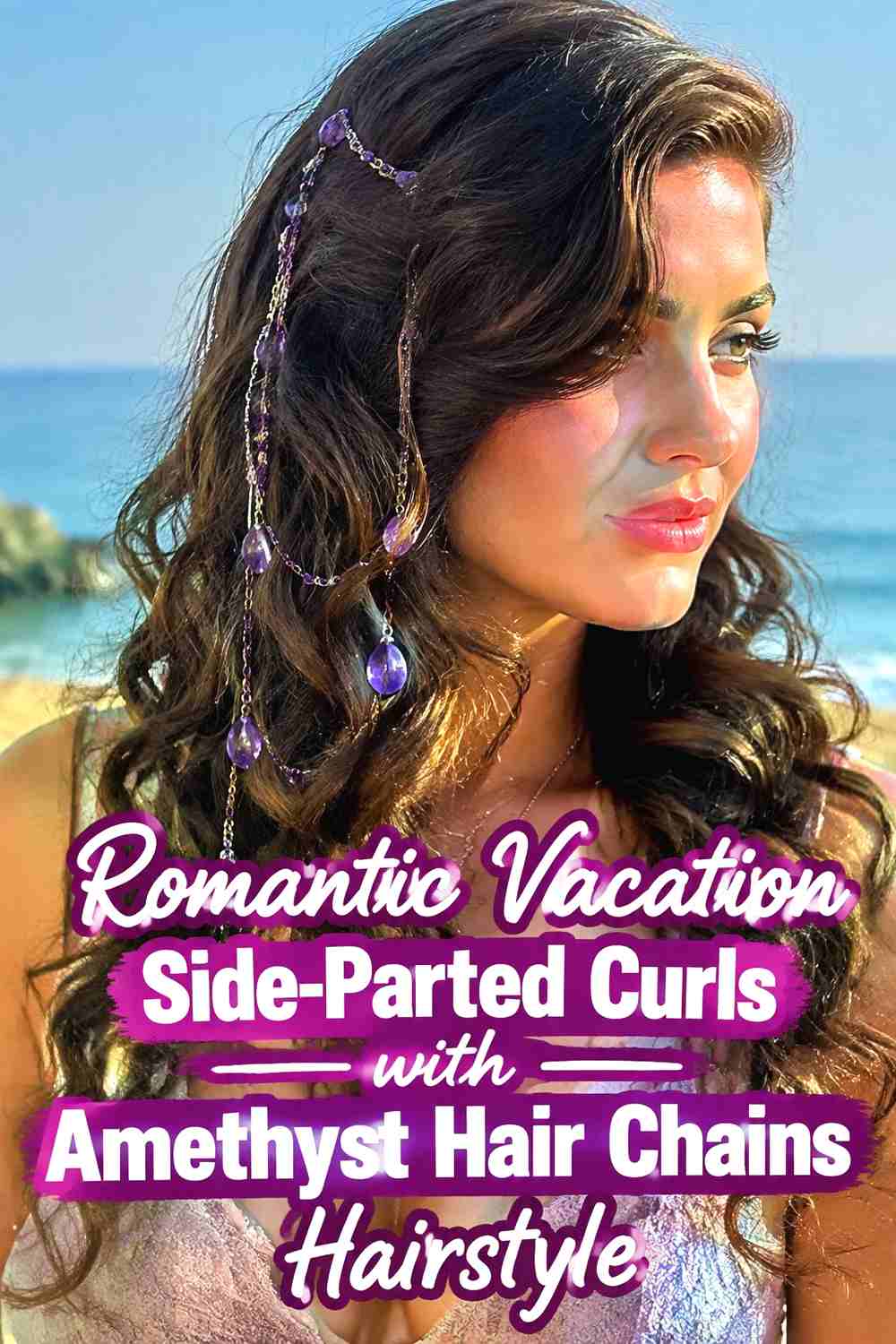 14. Romantic Vacation Side Parted Curls With Amethyst Hair Chains Hairstyle