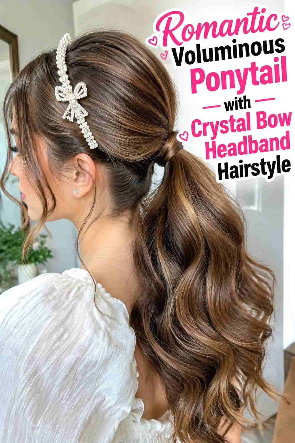 3. Romantic Voluminous Ponytail With Crystal Bow Headband Hairstyle