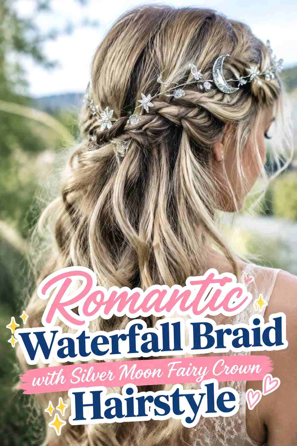 9. Romantic Waterfall Braid With Silver Moon Fairy Crown Hairstyle