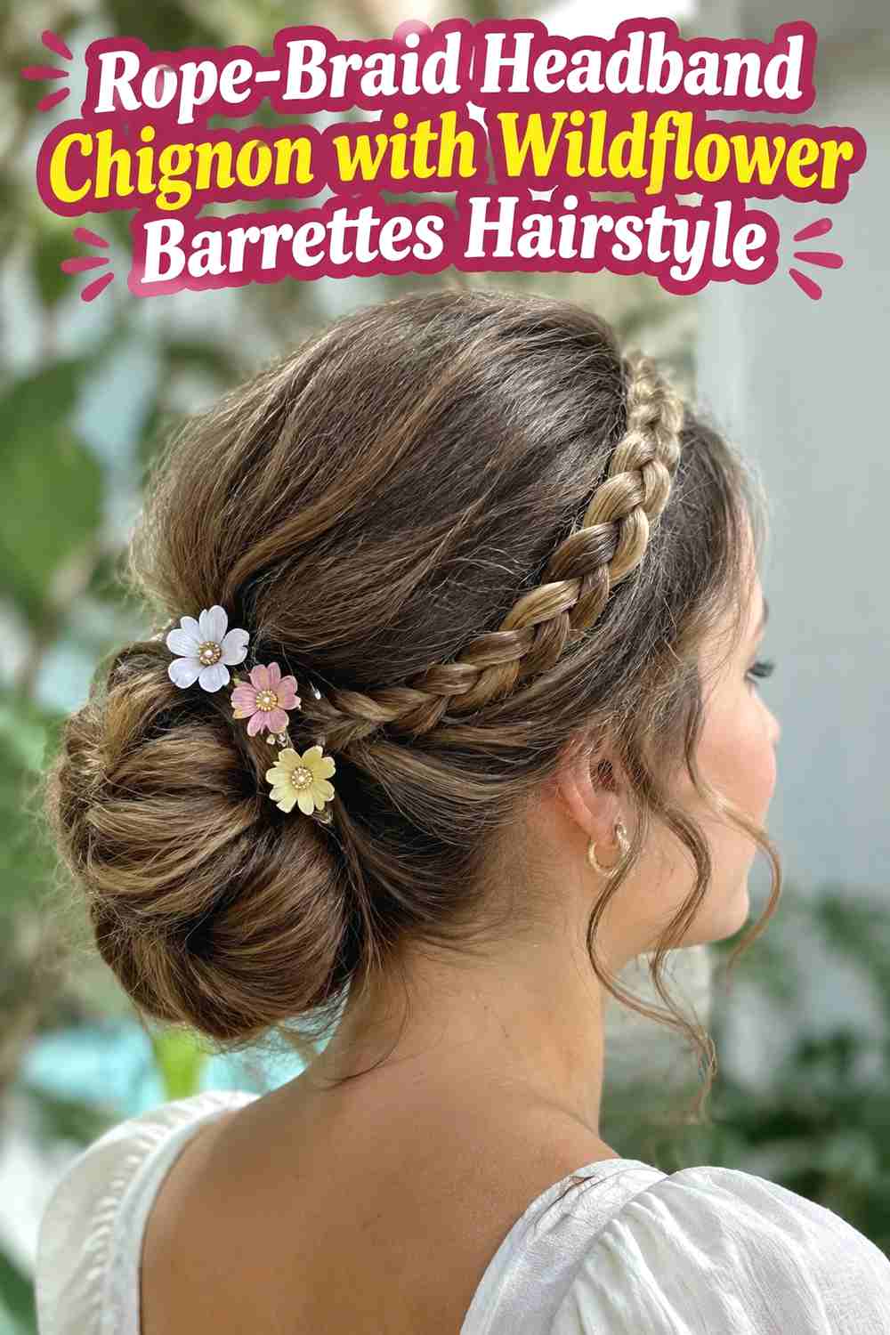 3. Rope Braid Headband Chignon With Wildflower Barrettes Hairstyle