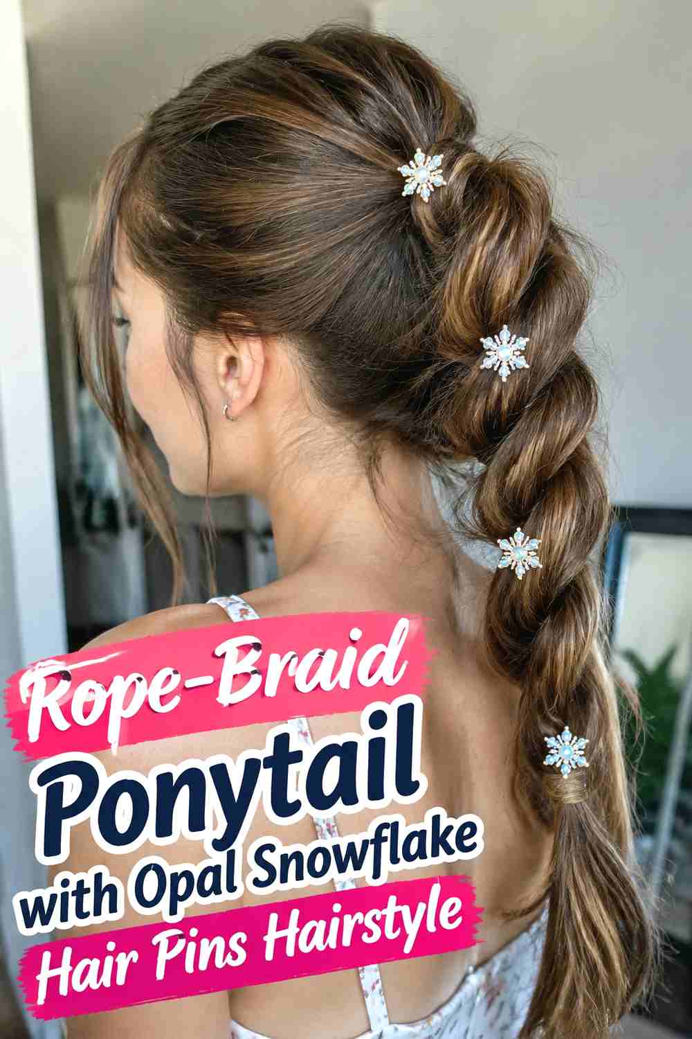 8. Rope Braid Ponytail With Opal Snowflake Hair Pins Hairstyle