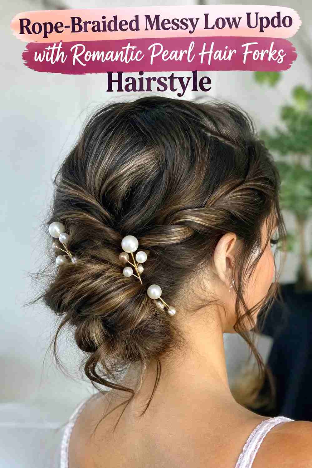 10. Rope Braided Messy Low Updo With Romantic Pearl Hair Forks Hairstyle