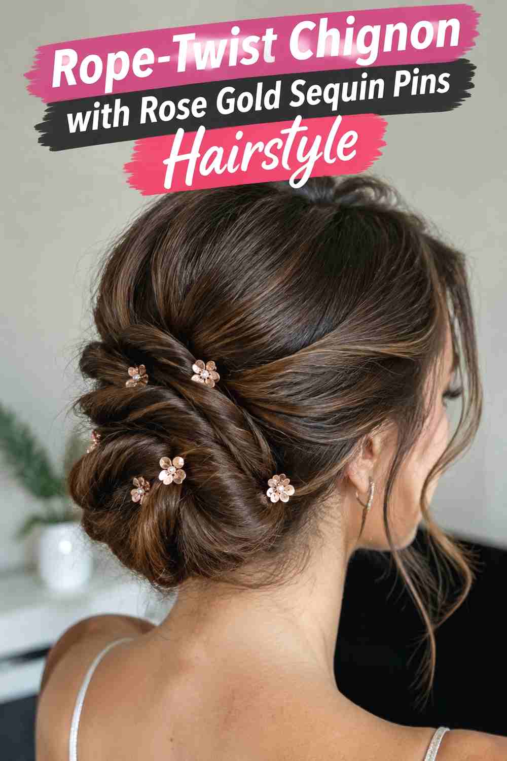 14. Rope Twist Chignon With Rose Gold Sequin Pins Hairstyle