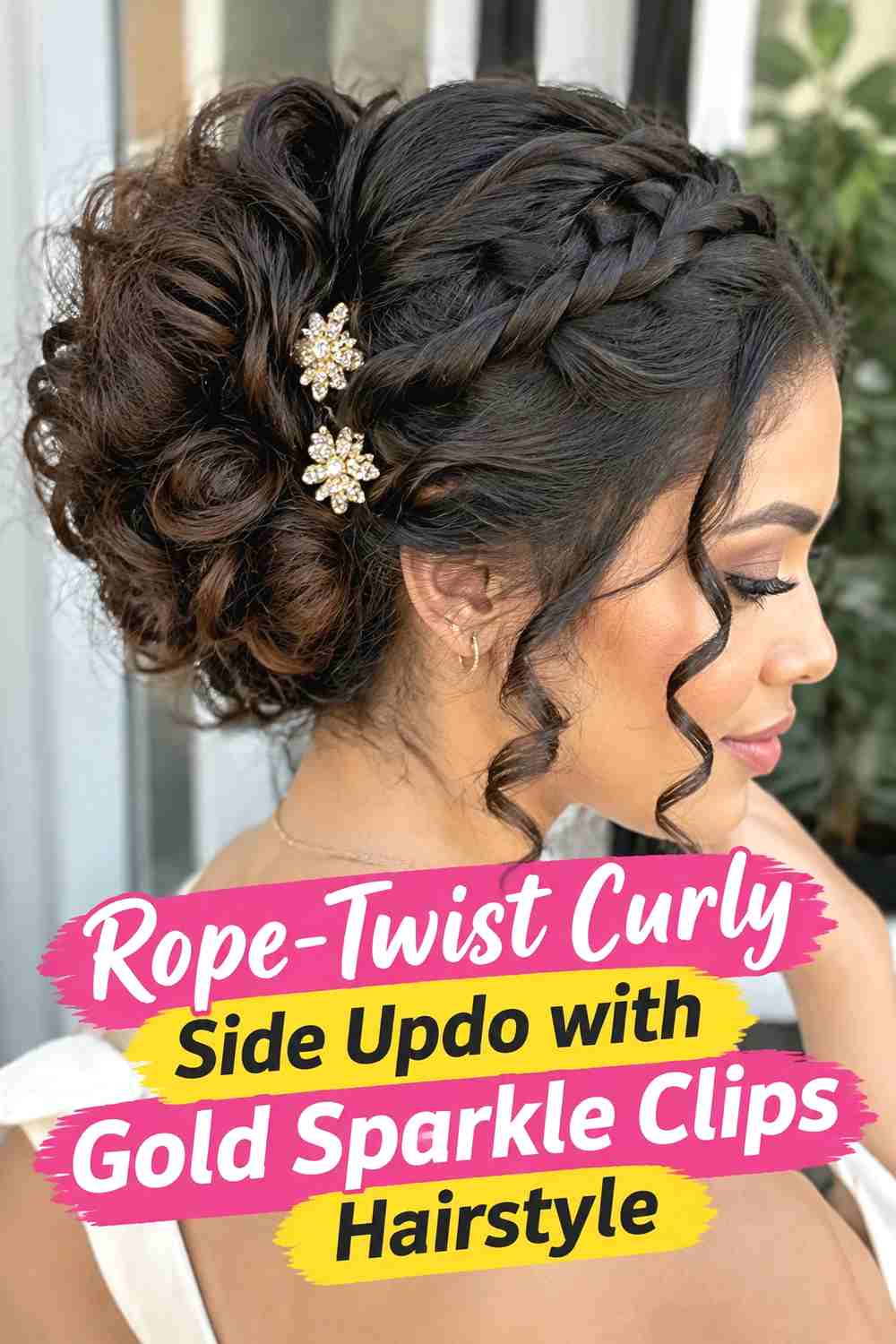 7. Rope Twist Curly Side Updo With Gold Sparkle Clips Hairstyle