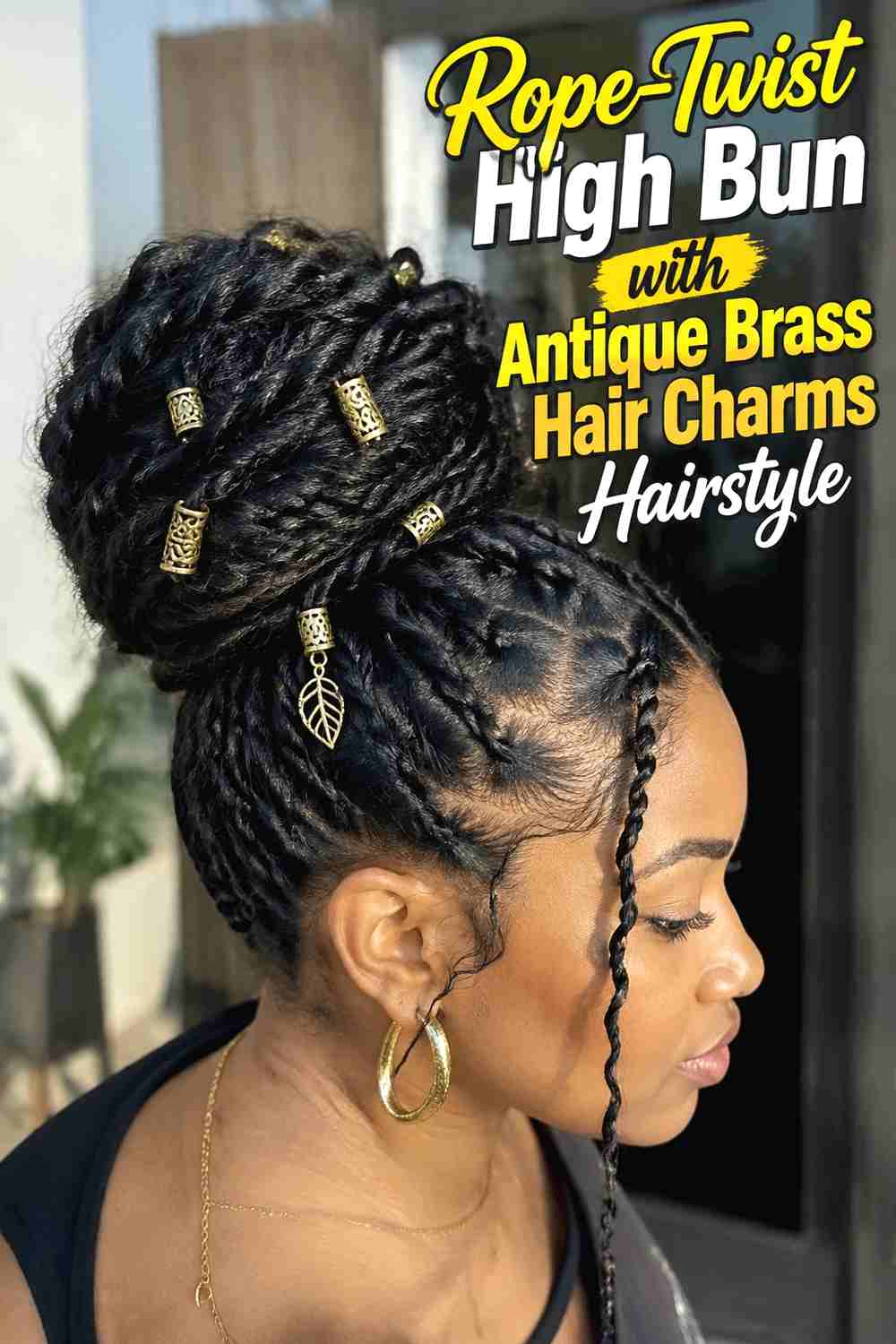 6. Rope Twist High Bun With Antique Brass Hair Charms Hairstyle
