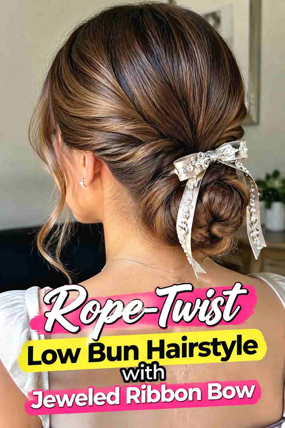 4. Rope Twist Low Bun Hairstyle With Jeweled Ribbon Bow