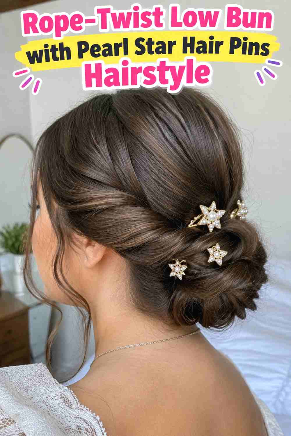 5. Rope Twist Low Bun With Pearl Star Hair Pins Hairstyle