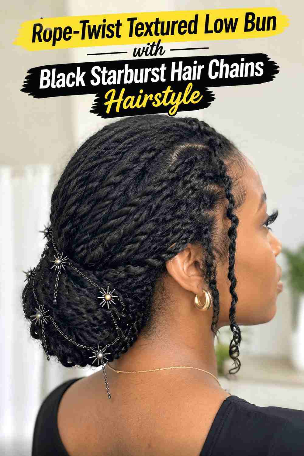 6. Rope Twist Textured Low Bun With Black Starburst Hair Chains Hairstyle