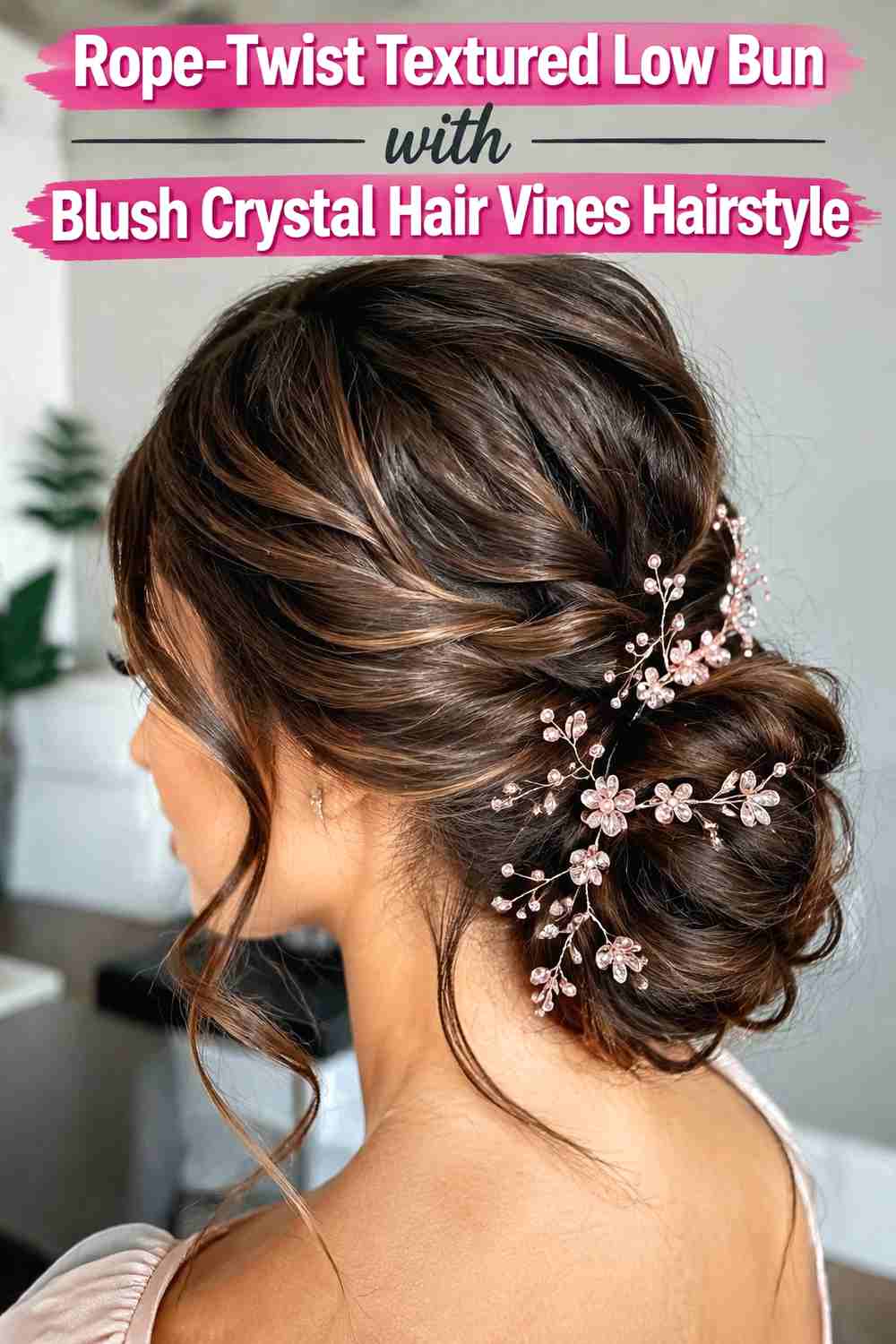 6. Rope Twist Textured Low Bun With Blush Crystal Hair Vines Hairstyle