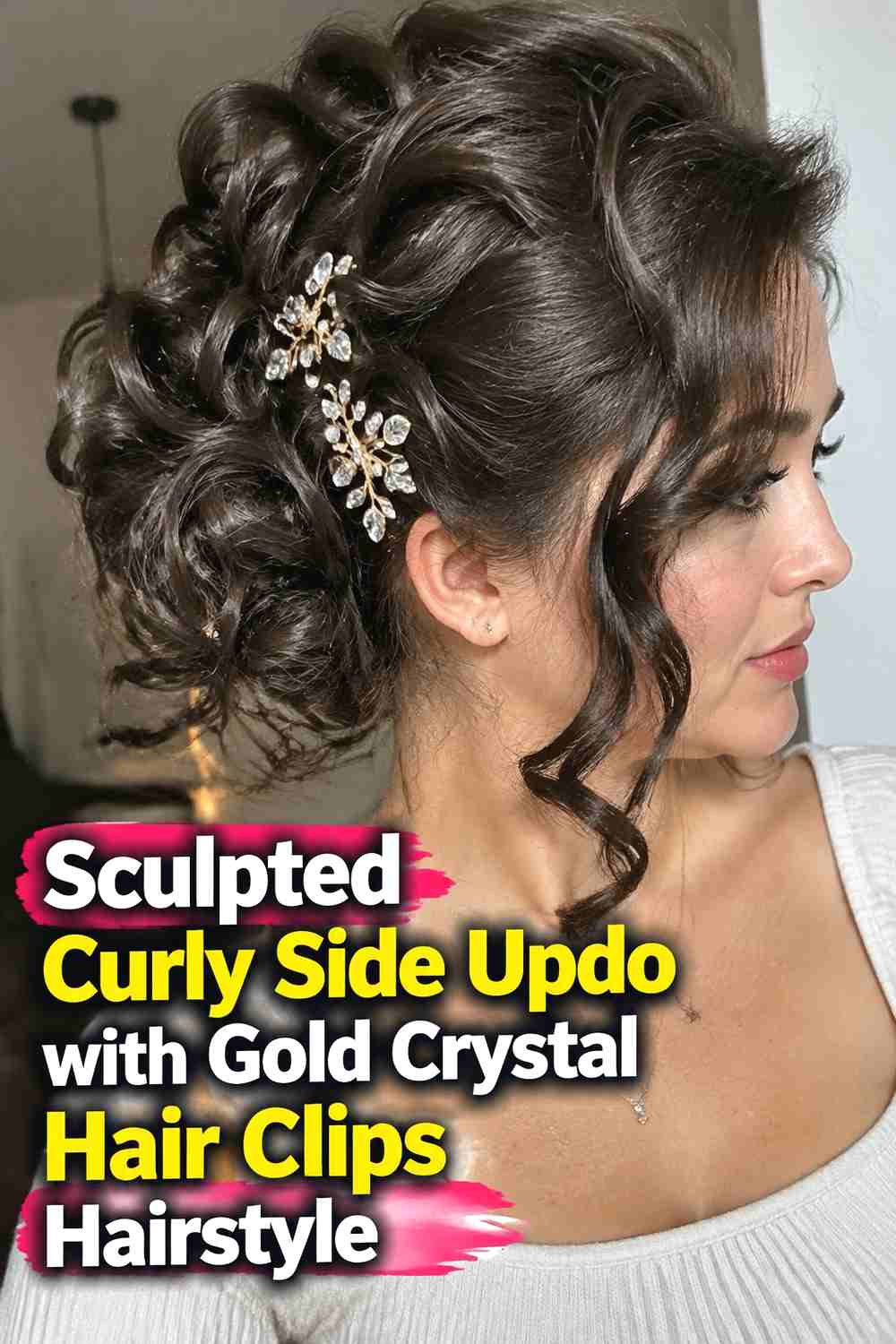 4. Sculpted Curly Side Updo With Gold Crystal Hair Clips Hairstyle