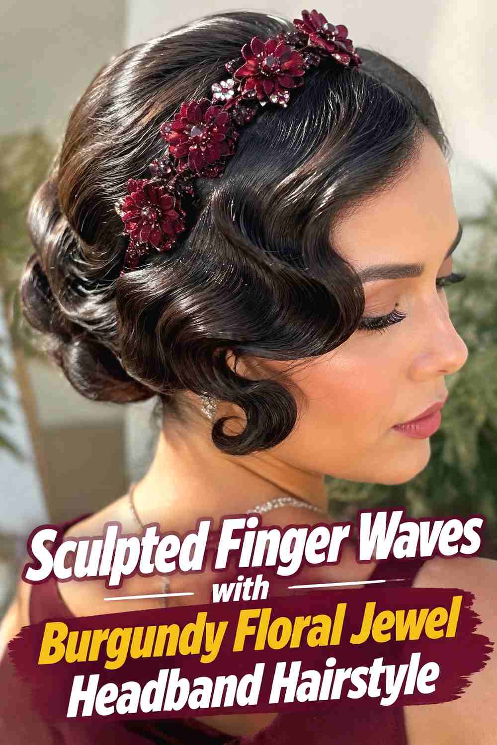 12. Sculpted Finger Waves With Burgundy Floral Jewel Headband Hairstyle