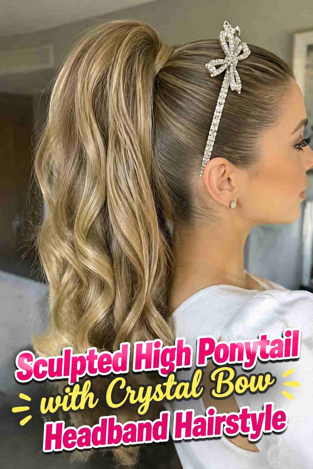 15. Sculpted High Ponytail With Crystal Bow Headband Hairstyle