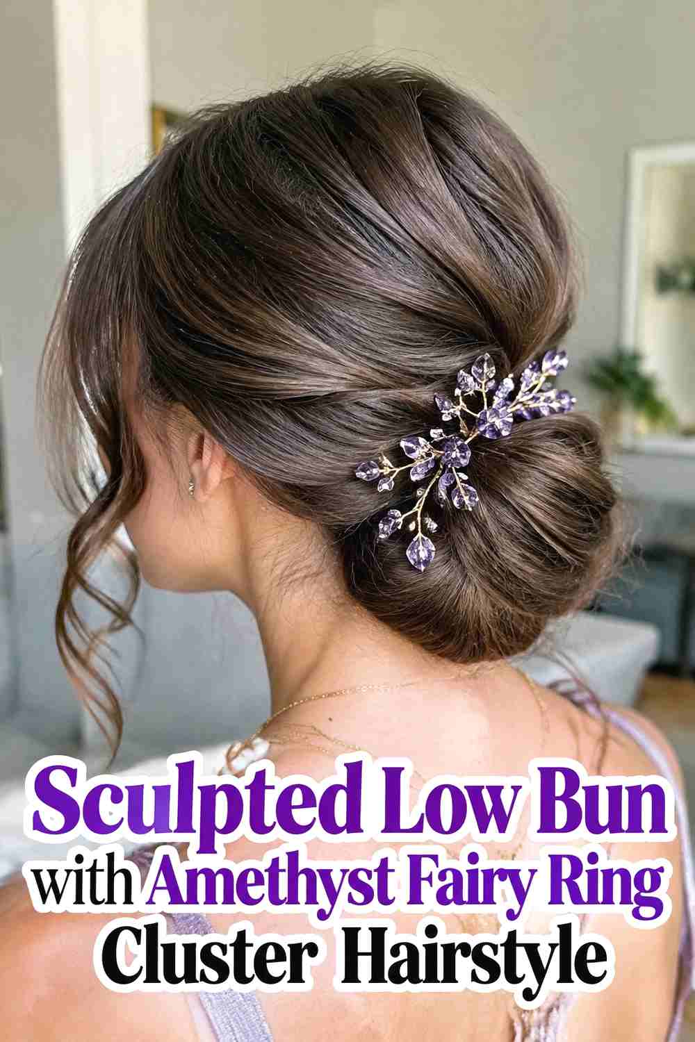 12. Sculpted Low Bun With Amethyst Fairy Ring Cluster Hairstyle