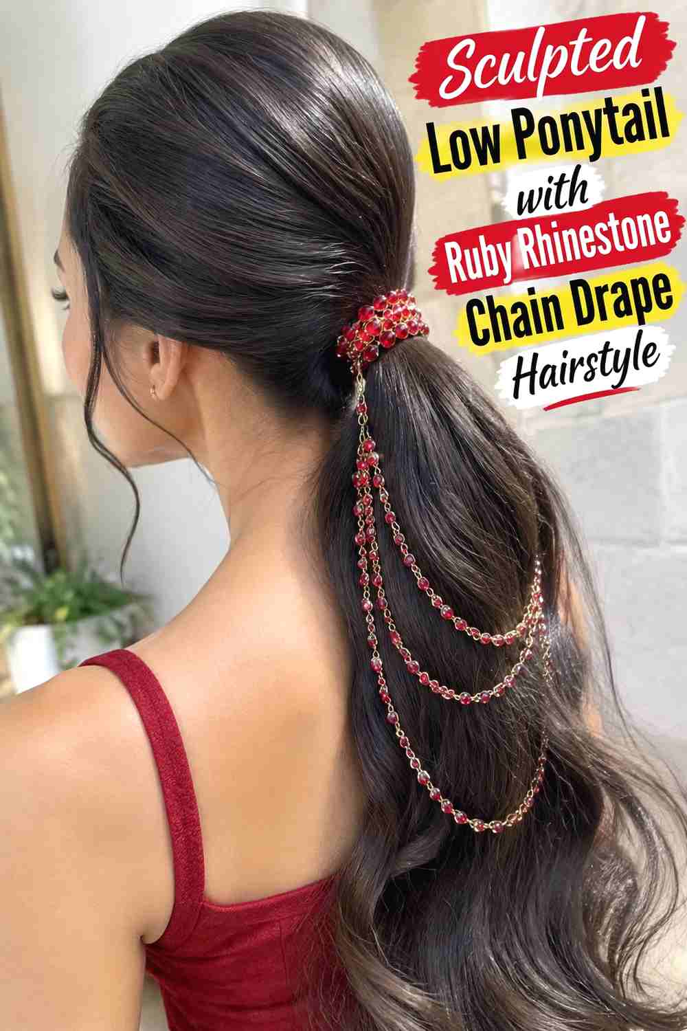 8. Sculpted Low Ponytail With Ruby Rhinestone Chain Drape Hairstyle