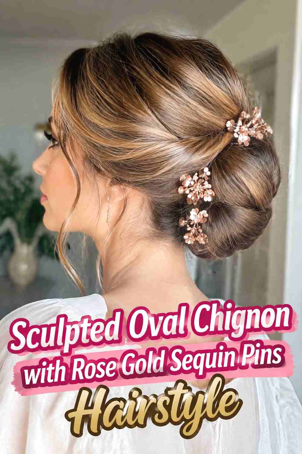 9. Sculpted Oval Chignon With Rose Gold Sequin Pins Hairstyle