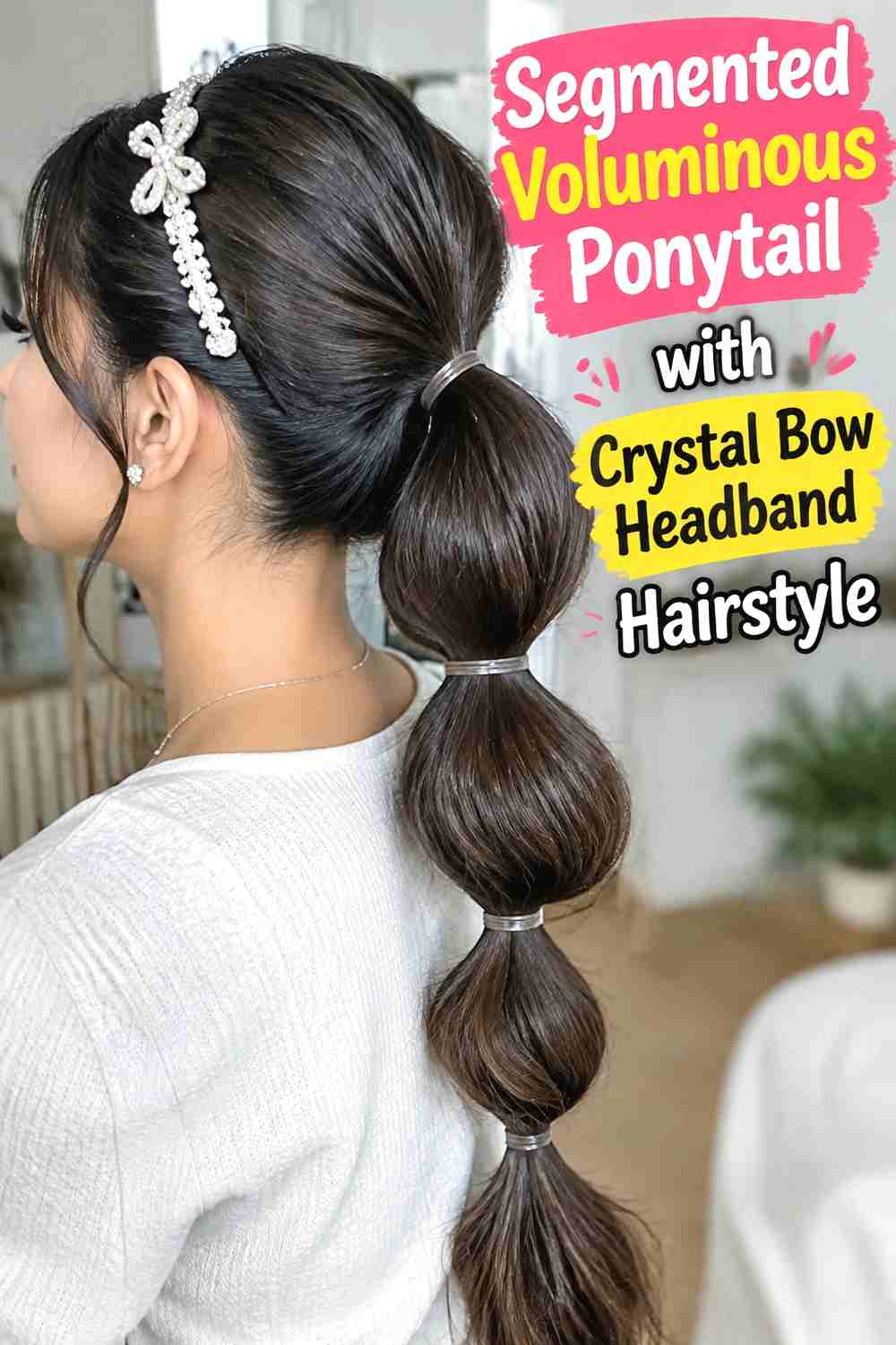 9. Segmented Voluminous Ponytail With Crystal Bow Headband Hairstyle