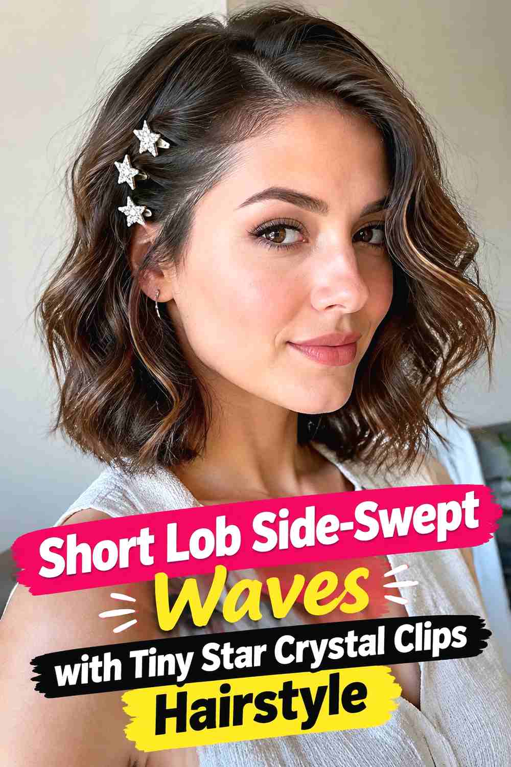 14. Short Lob Side Swept Waves With Tiny Star Crystal Clips Hairstyle