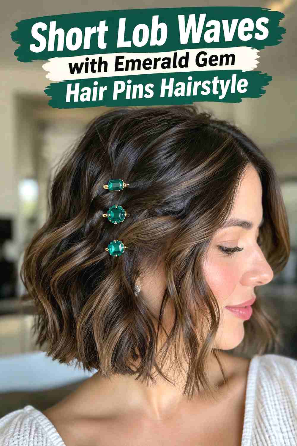 9. Short Lob Waves With Emerald Gem Hair Pins Hairstyle