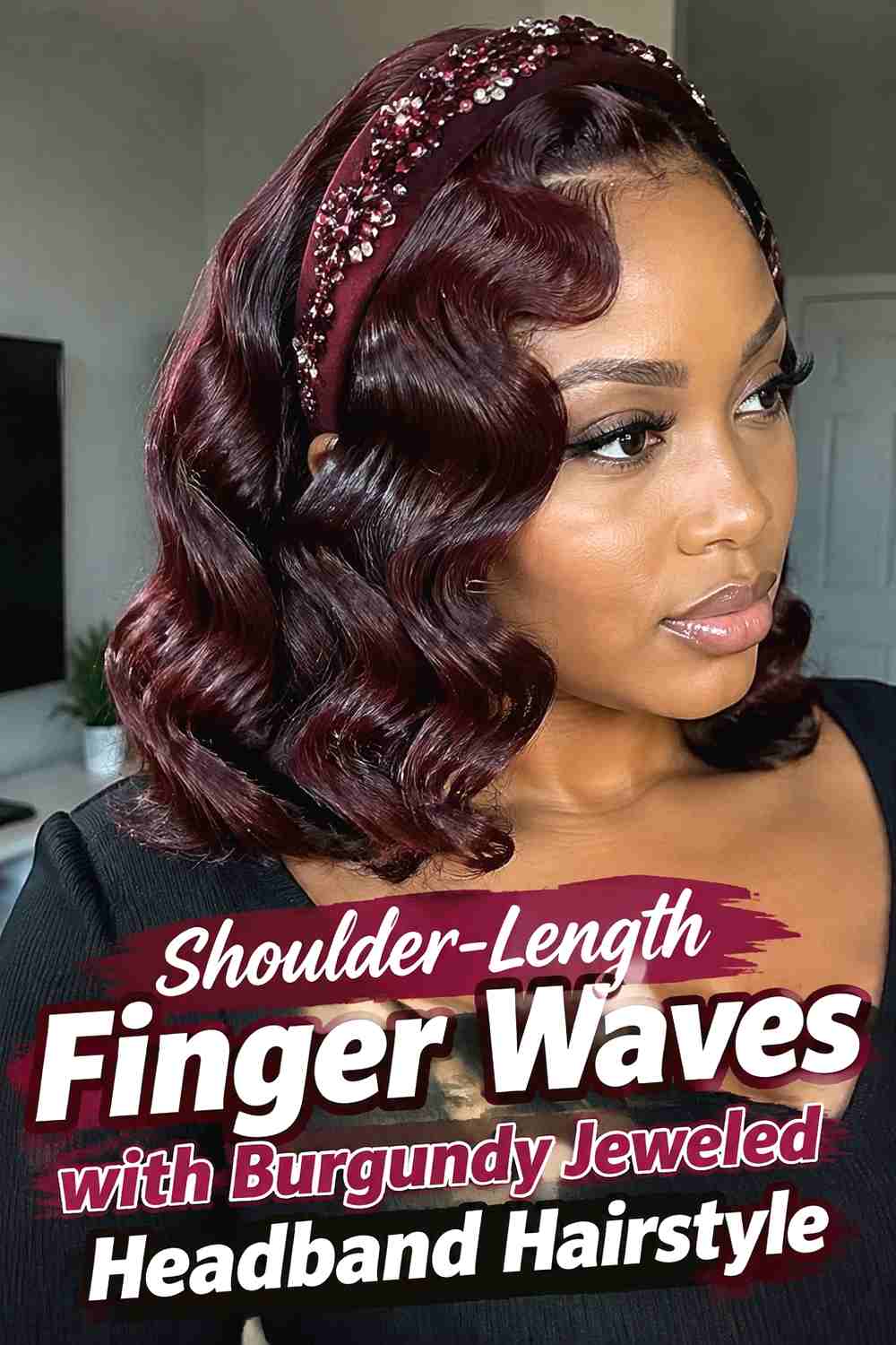 6. Shoulder Length Finger Waves With Burgundy Jeweled Headband Hairstyle