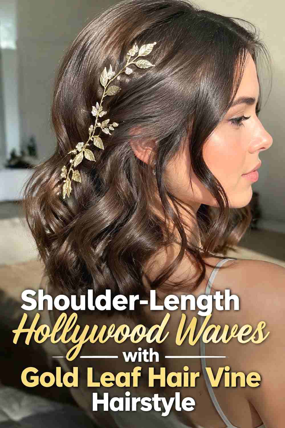 11. Shoulder Length Hollywood Waves With Gold Leaf Hair Vine Hairstyle