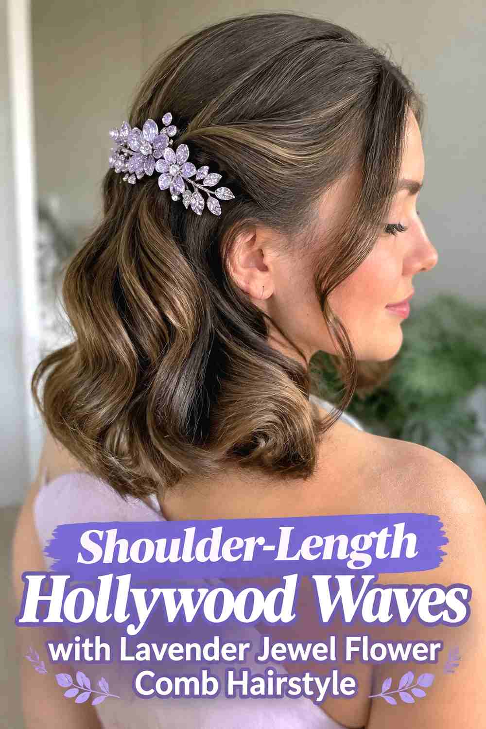 6. Shoulder Length Hollywood Waves With Lavender Jewel Flower Comb Hairstyle