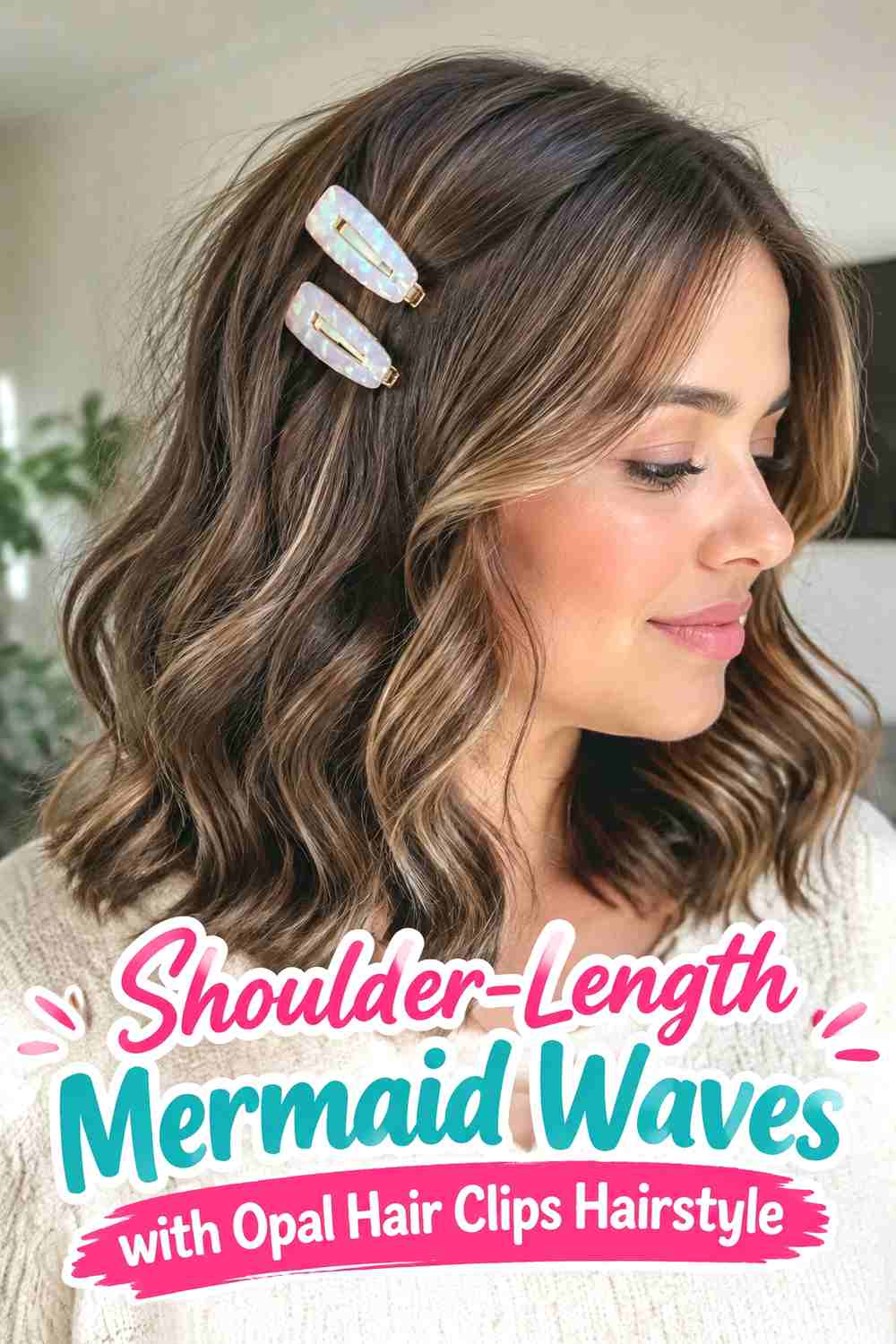 6. Shoulder Length Mermaid Waves With Opal Hair Clips Hairstyle