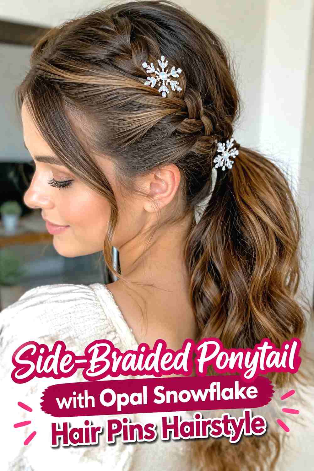 6. Side Braided Ponytail With Opal Snowflake Hair Pins Hairstyle