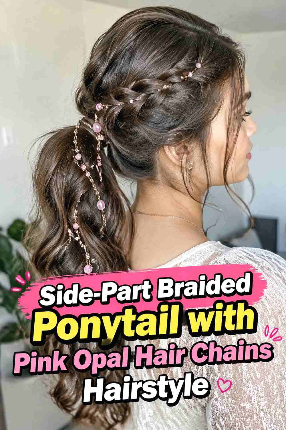 3. Side Part Braided Ponytail With Pink Opal Hair Chains Hairstyle